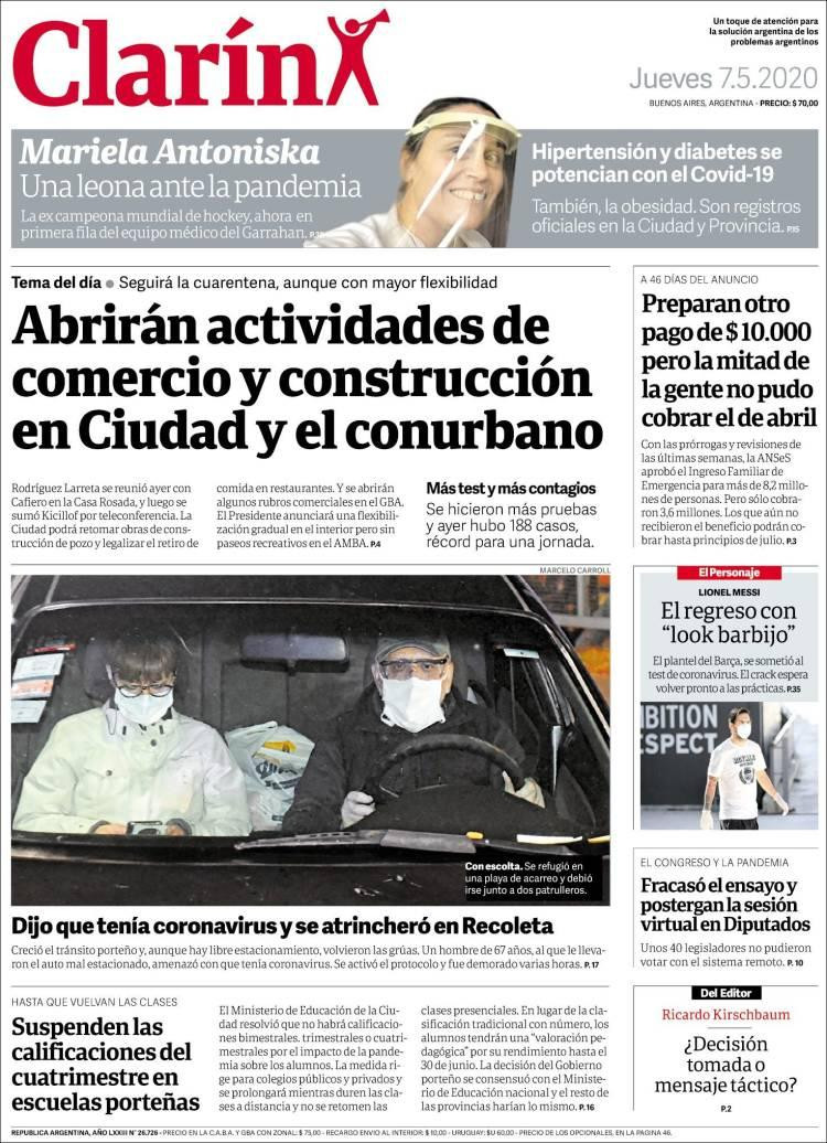 Tapas de diarios, Clarín, jueves 7 de mayo de 2020