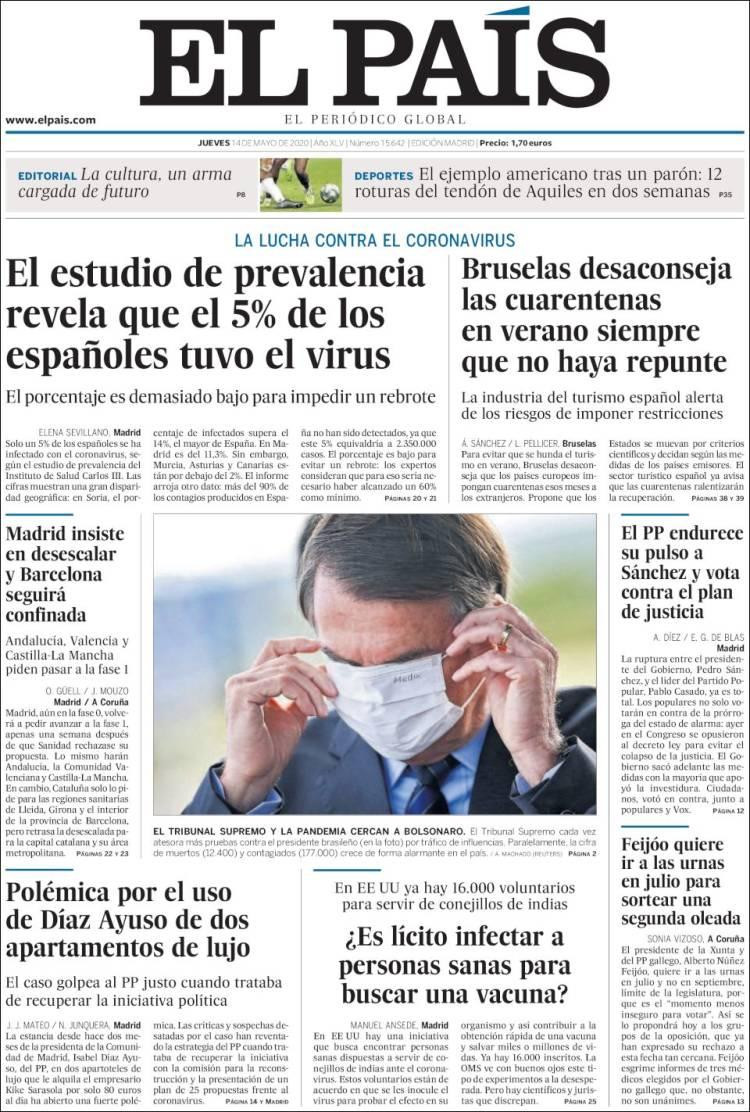Tapas de diarios, El Pais de España, jueves 14 de mayo de 2020