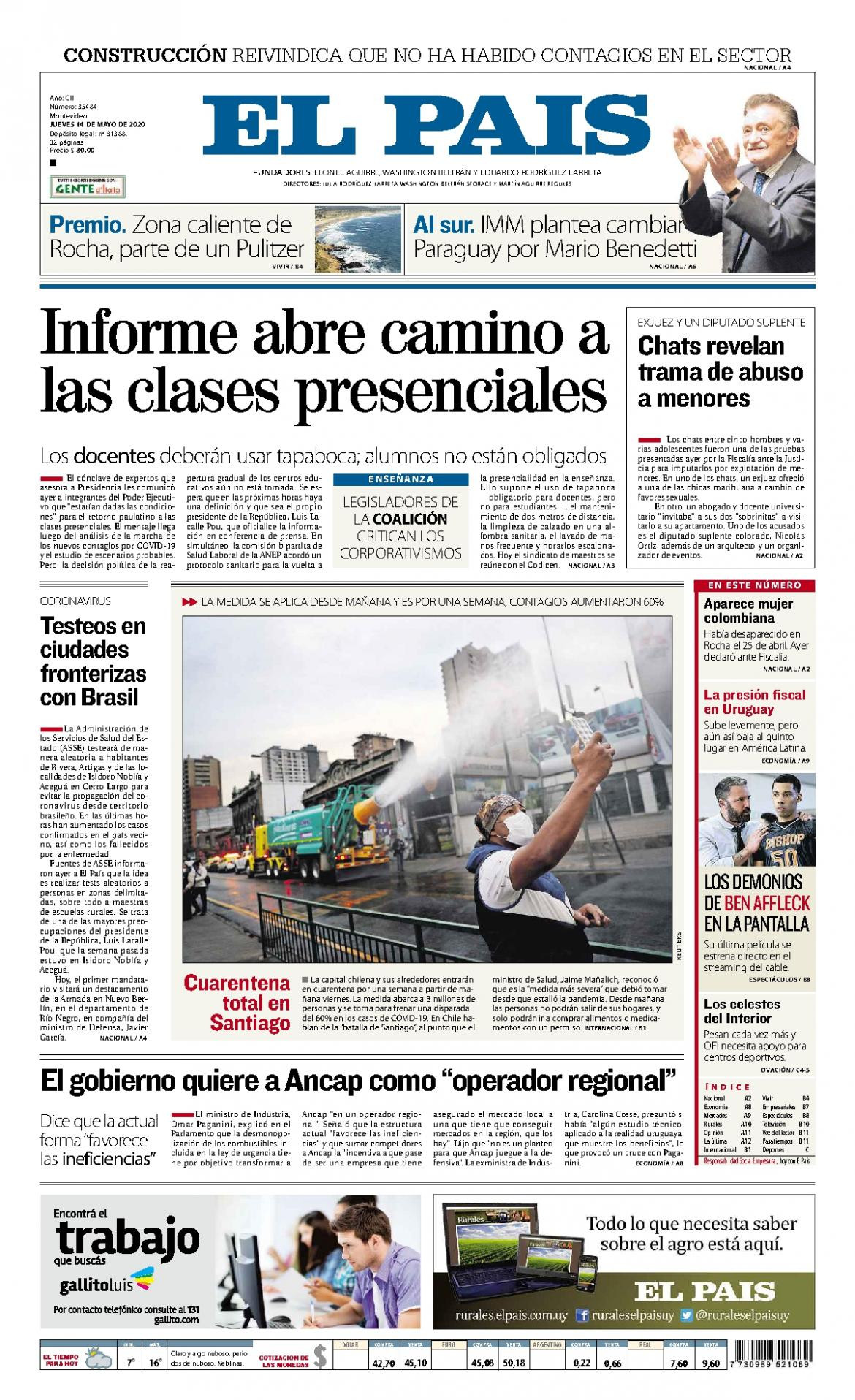 Tapas de diarios, El Pais de Uruguay, jueves 14 de mayo de 2020