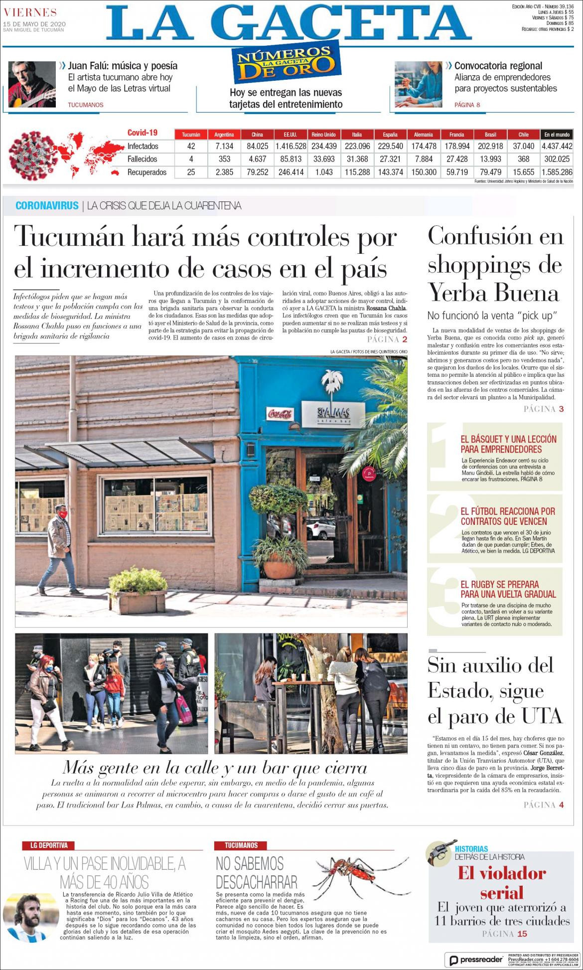 Tapas de diarios, La Gaceta, viernes 15 de mayo de 2020