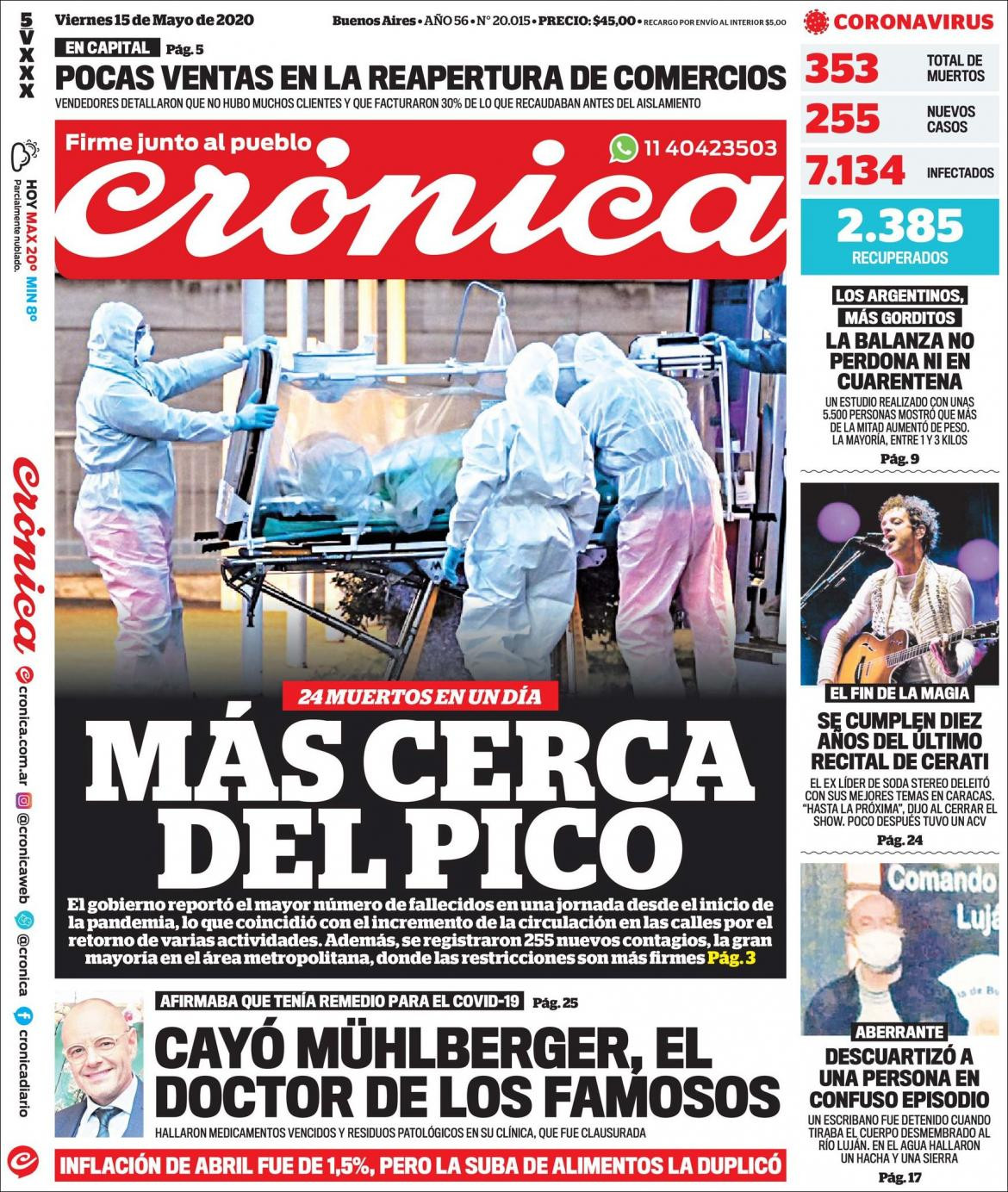 Tapas de diarios, Crónica, viernes 15 de mayo de 2020