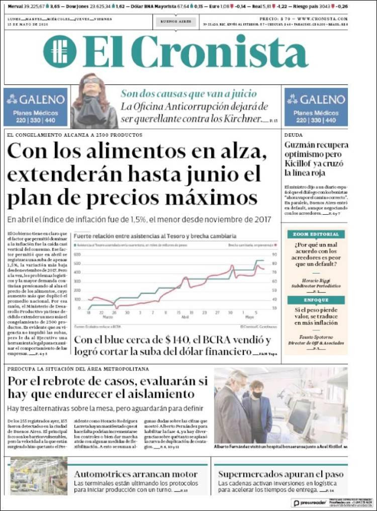 Tapas de diarios, El Cronista, viernes 15 de mayo de 2020