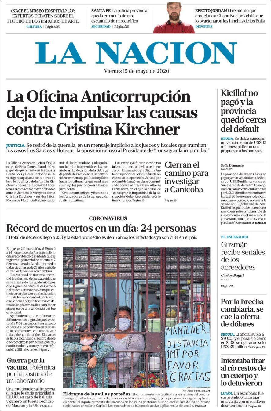 Tapas de diarios, La Nación, viernes 15 de mayo de 2020