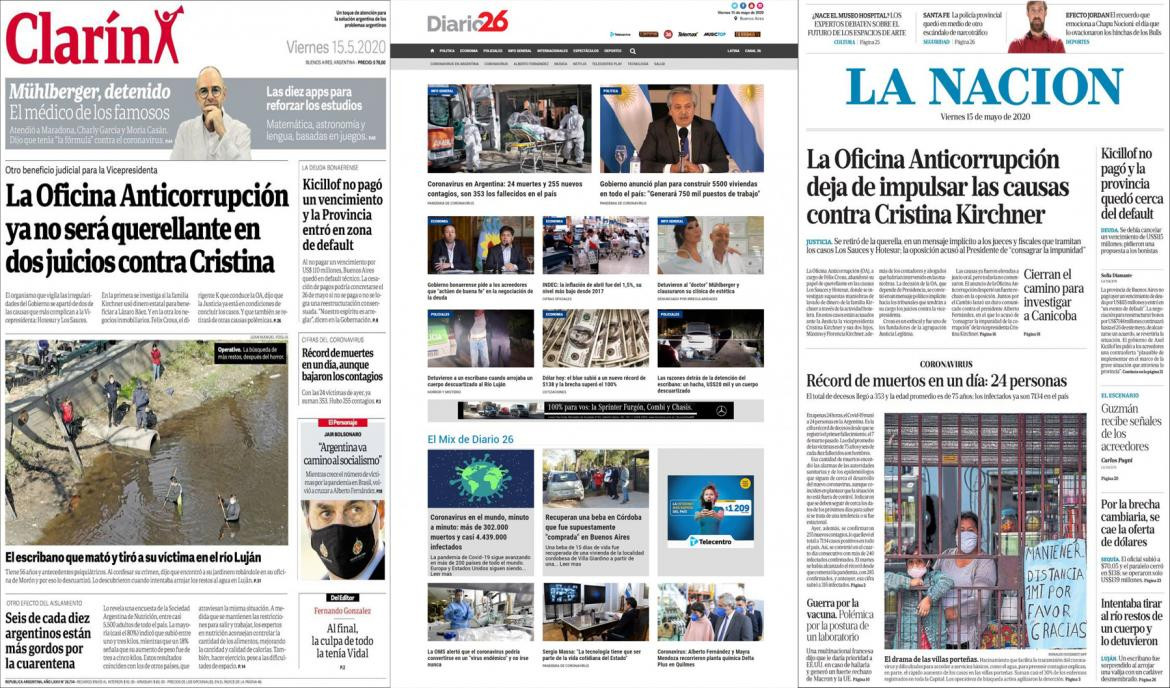 Tapas de diarios de Argentina, viernes 15 de mayo