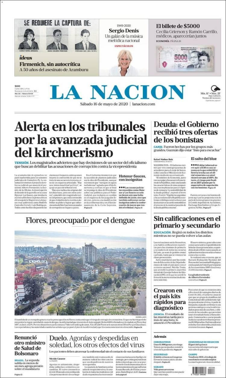 Tapas de diarios, La Nación, sábado 16 de mayo de 2020
