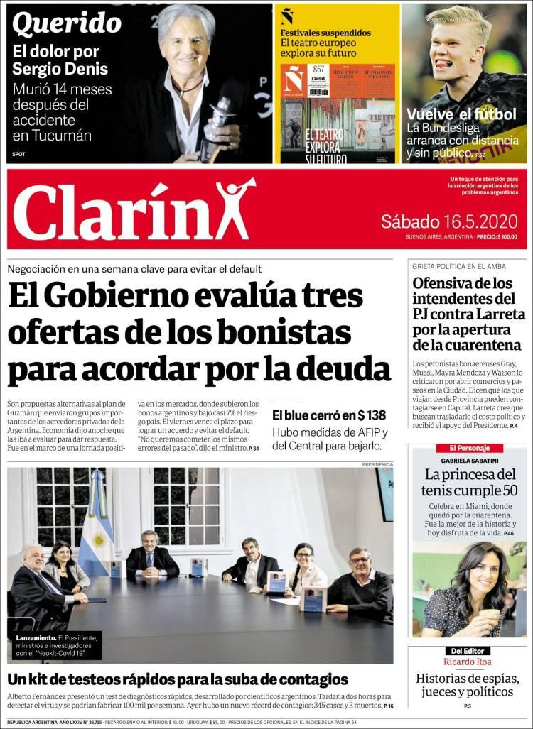 Tapas de diarios, Clarín, sábado 16 de mayo de 2020