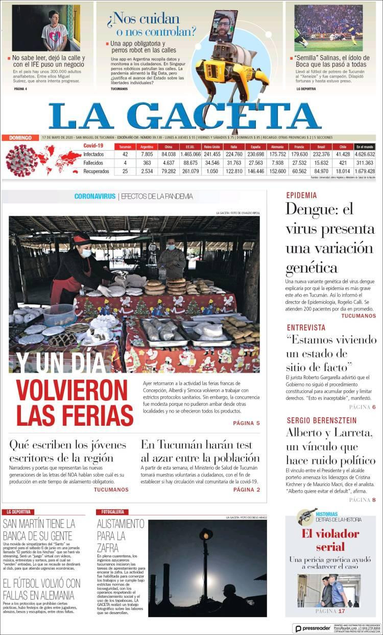 Tapas de diarios, La Gaceta, domingo 16 de mayo de 2020