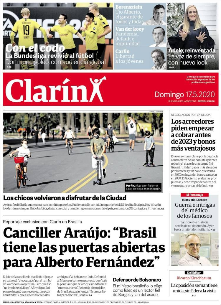 Tapas de diarios, Clarín, domingo 16 de mayo de 2020