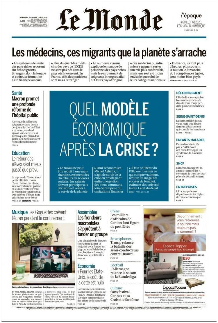 Tapas de diarios, Le Monde, lunes 18 de mayo de 2020