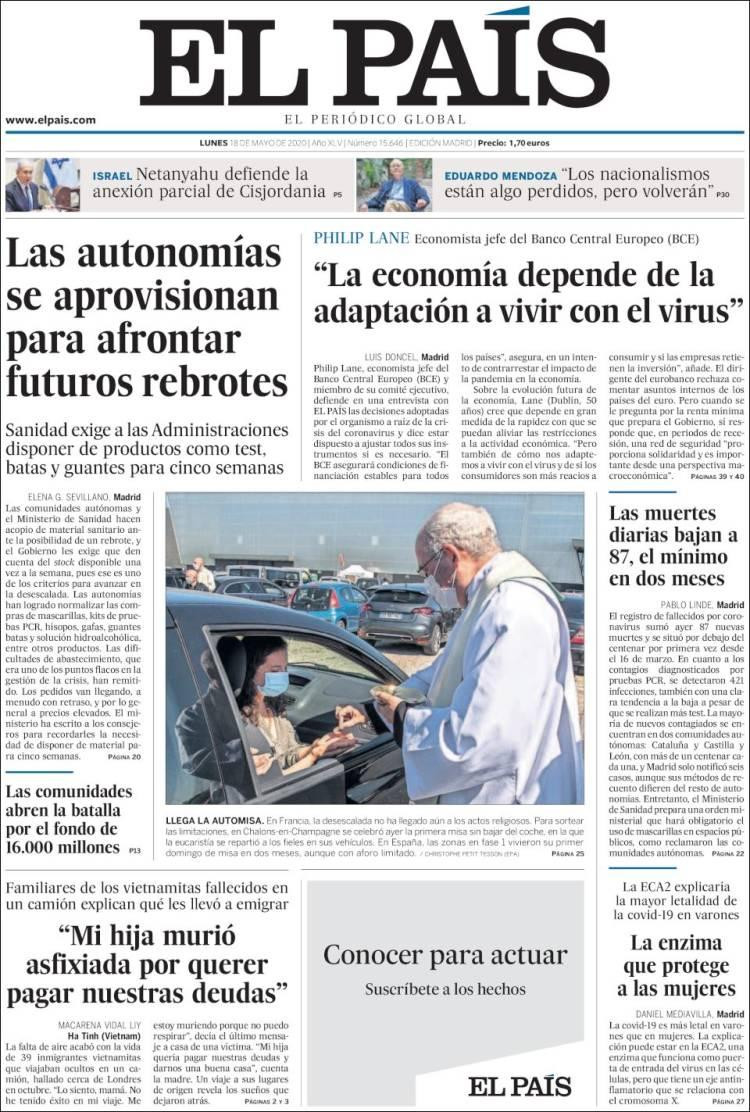 Tapas de diarios, El País, lunes 18 de mayo de 2020