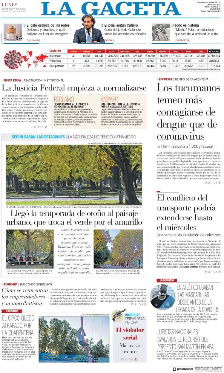 Tapas de diarios, La Gaceta, lunes 18 de mayo de 2020