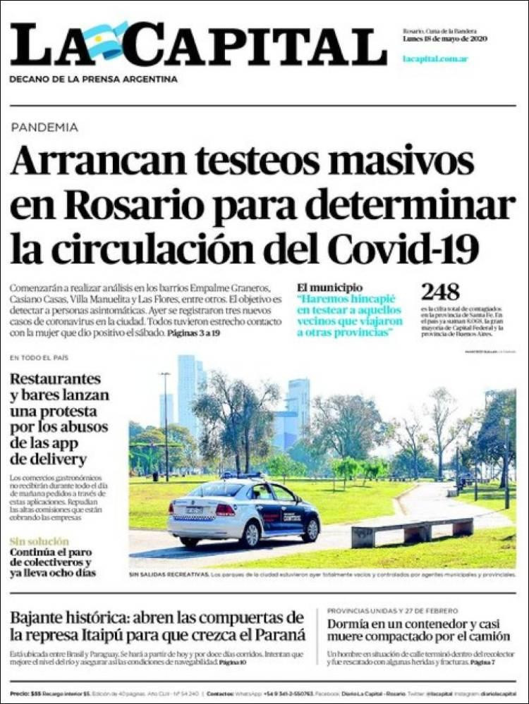 Tapas de diarios, La Capital, lunes 18 de mayo de 2020