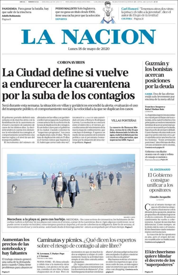 Tapas de diarios, La Nación, lunes 18 de mayo de 2020