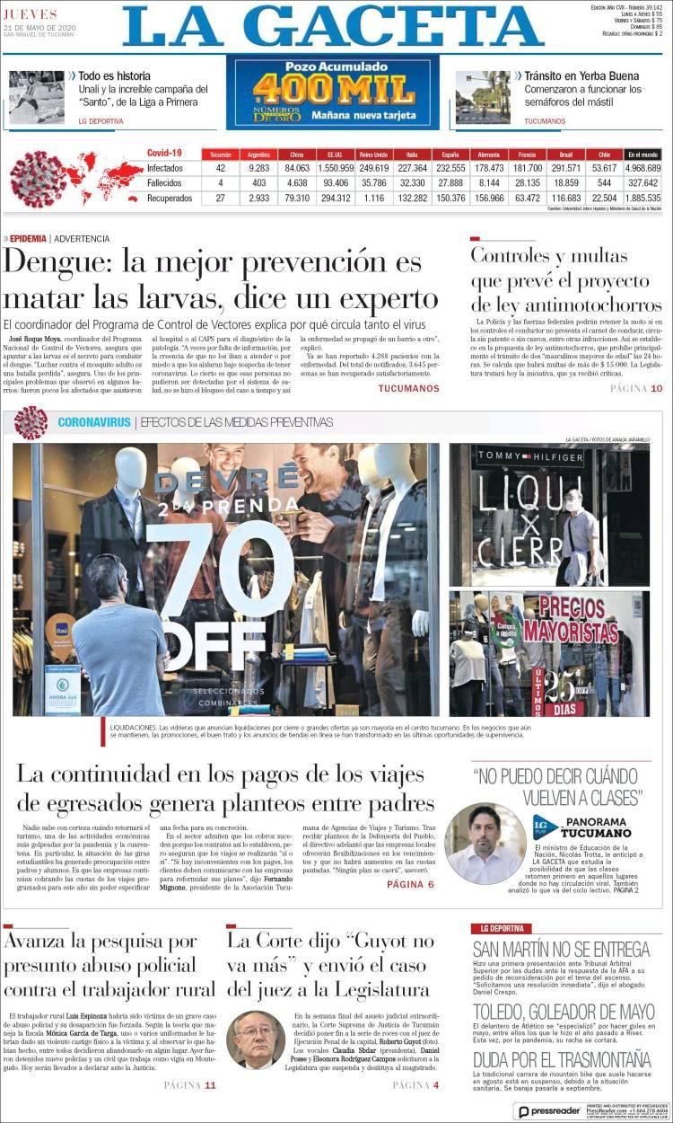 Tapas de diarios, La Gaceta, jueves 21 de mayo de 2020