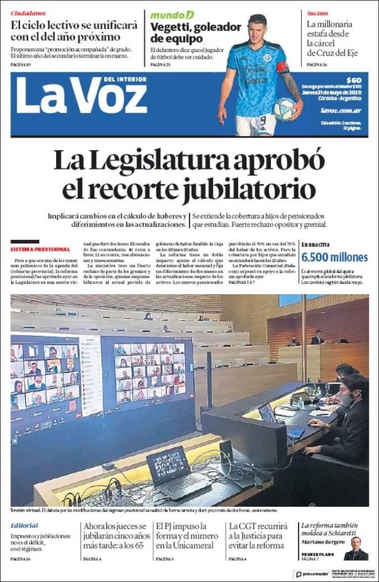 Tapas de diarios, La Voz, jueves 21 de mayo de 2020