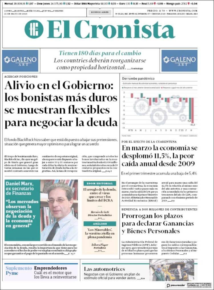 Tapas de diarios, El Cronista, jueves 21 de mayo de 2020