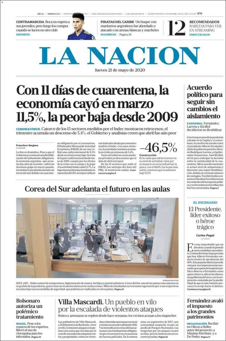 Tapas de diarios, La Nación, jueves 21 de mayo de 2020