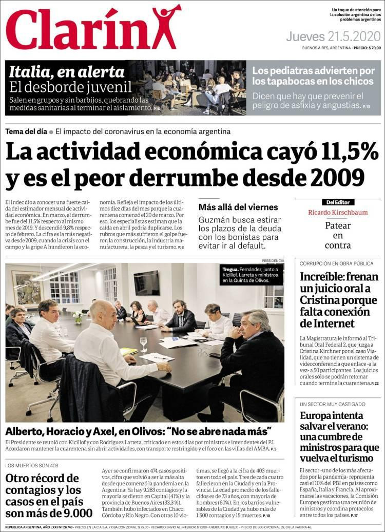 Tapas de diarios, Clarín, jueves 21 de mayo de 2020