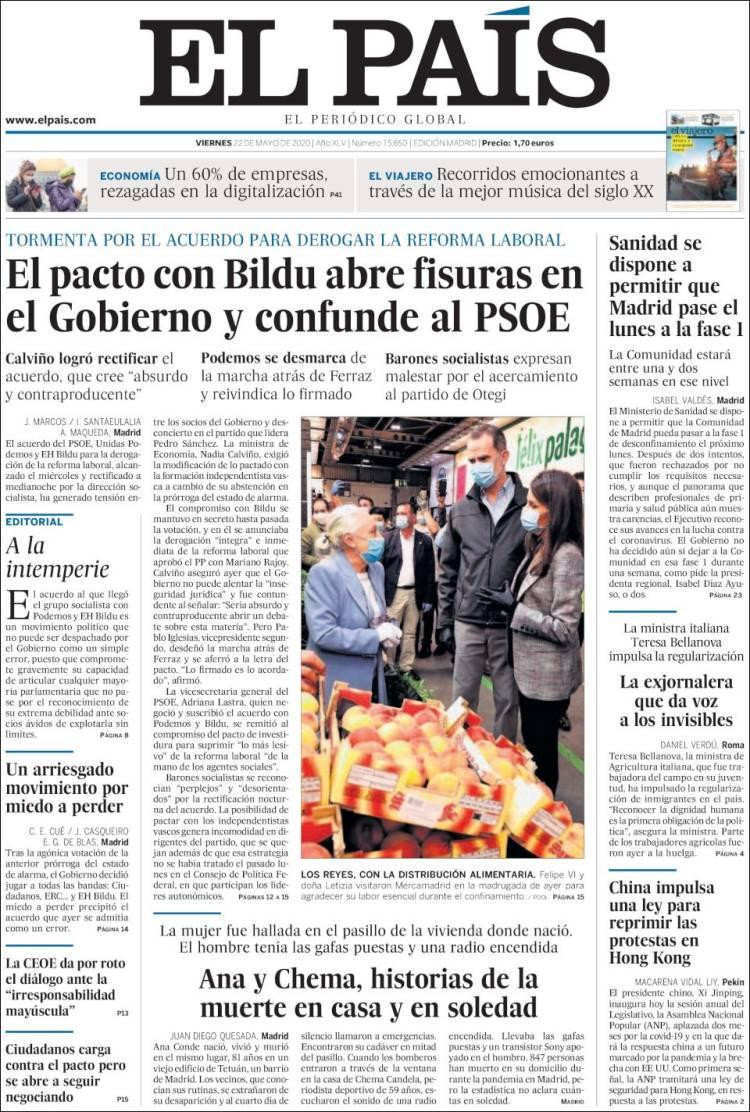 Tapas de diarios, El País, viernes 22 de mayo de 2020