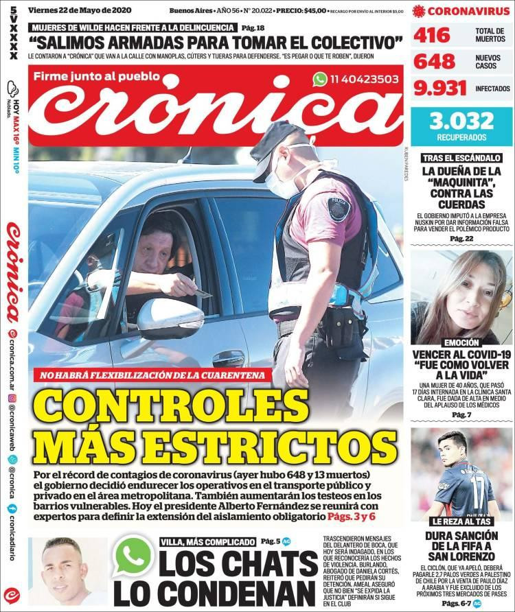 Tapas de diarios, Crónica, viernes 22 de mayo de 2020