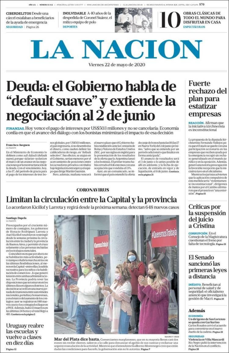 Tapas de diarios, La Nación, viernes 22 de mayo de 2020