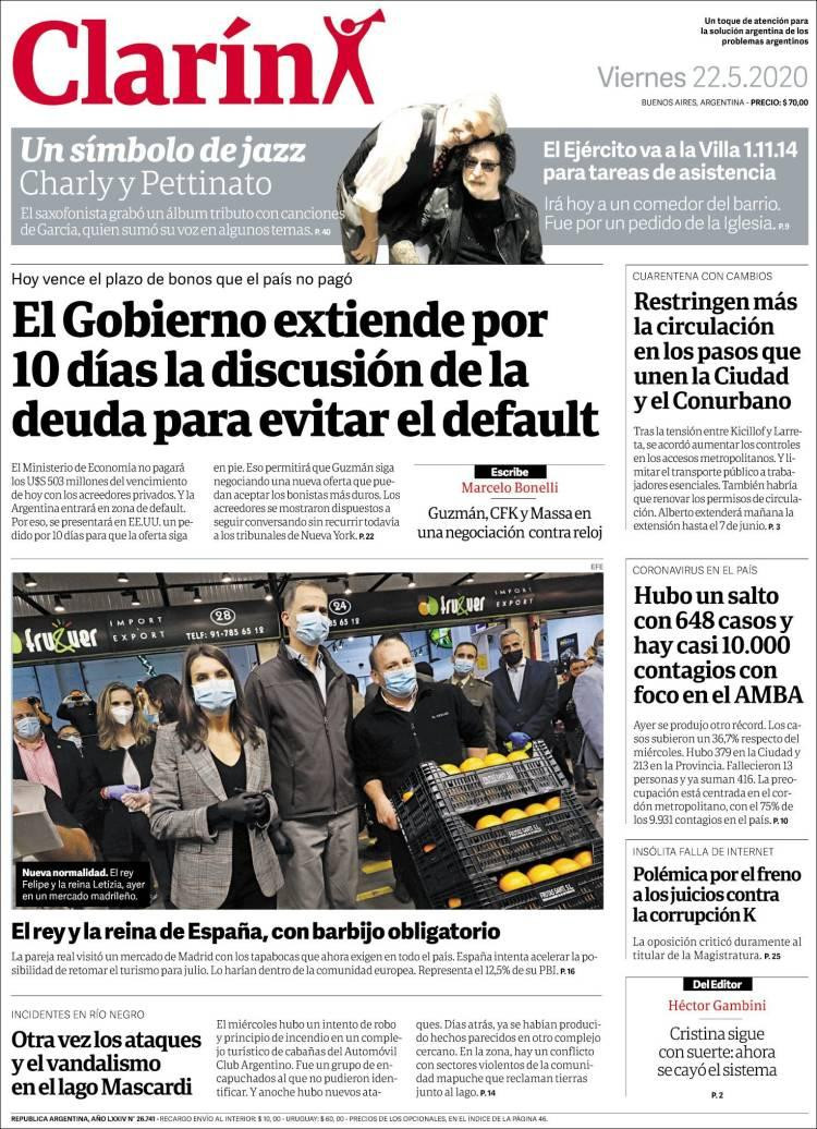 Tapas de diarios, Clarín, viernes 22 de mayo de 2020