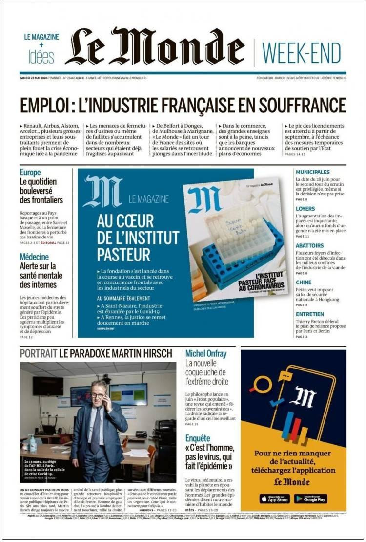 Tapas de diarios, Le monde, sábado 23 de mayo de 2020	