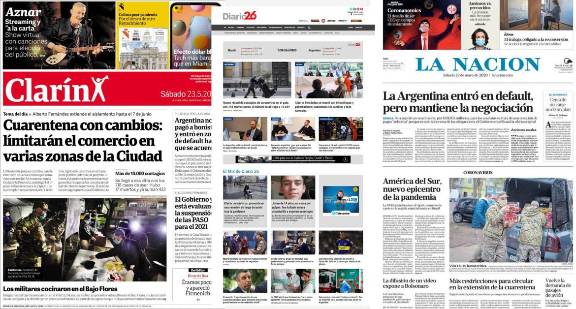 Tapas de diarios de Argentina, sábado 23 de mayo de 2020	