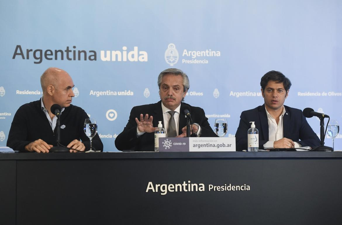 Alberto Fernández, Horacio Larreta y Axel Kicillof, anuncio extensión de cuarentena, NA