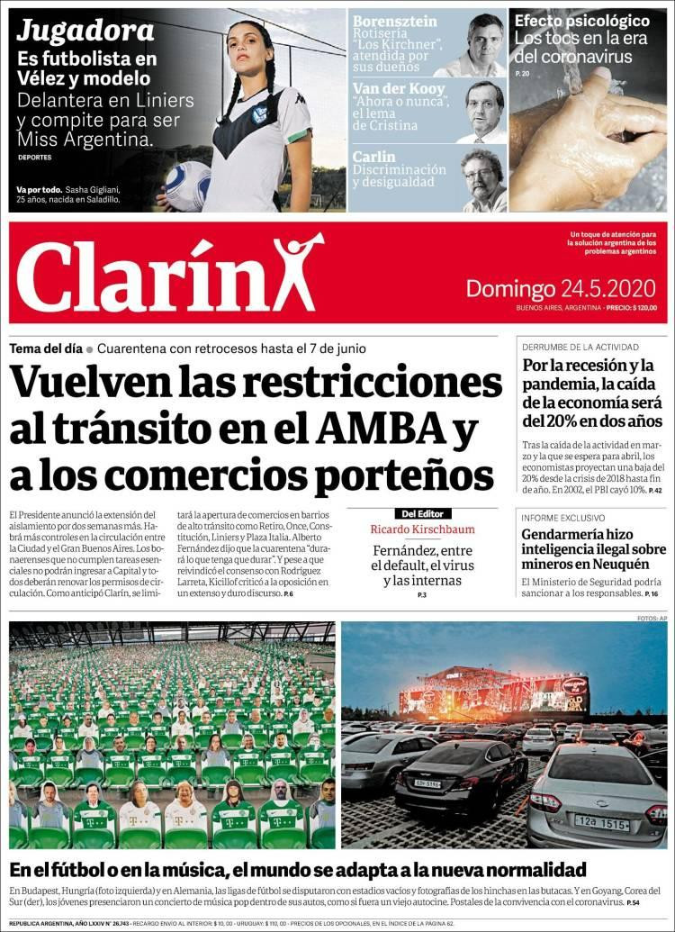 Tapas de diarios, Clarin, domingo 24 de mayo de 2020	