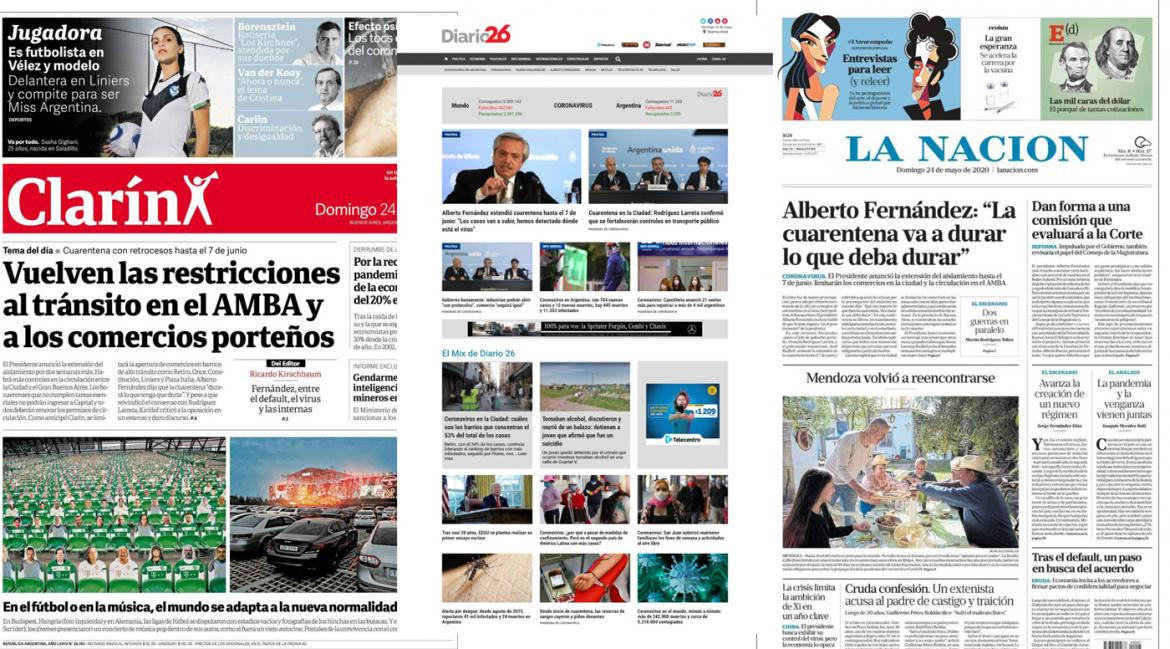 Tapas de diarios de Argentina, domingo 24 de mayo de 2020	