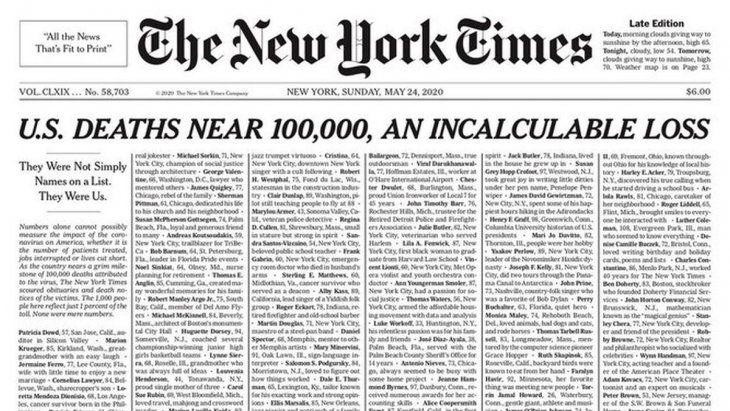 Tapa de New York Times con muertos de coronavirus en EE.UU.
