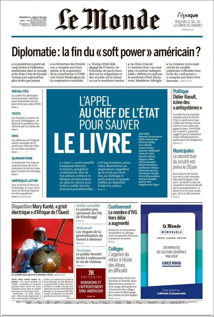 Tapas de  diarios, Le Monde, lunes 25 de mayo de 2020