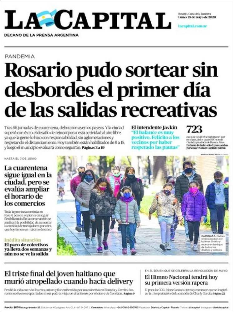 Tapas de  diarios, La Capital, lunes 25 de mayo de 2020
