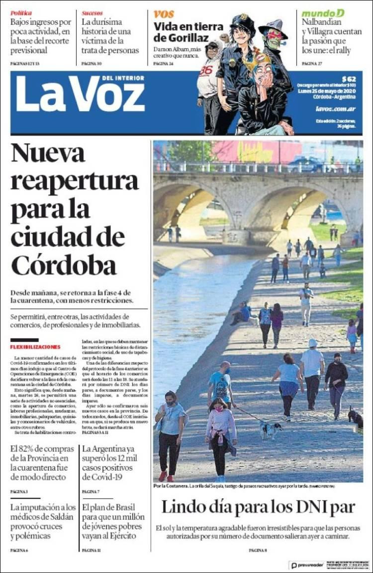 Tapas de  diarios, La Voz, lunes 25 de mayo de 2020