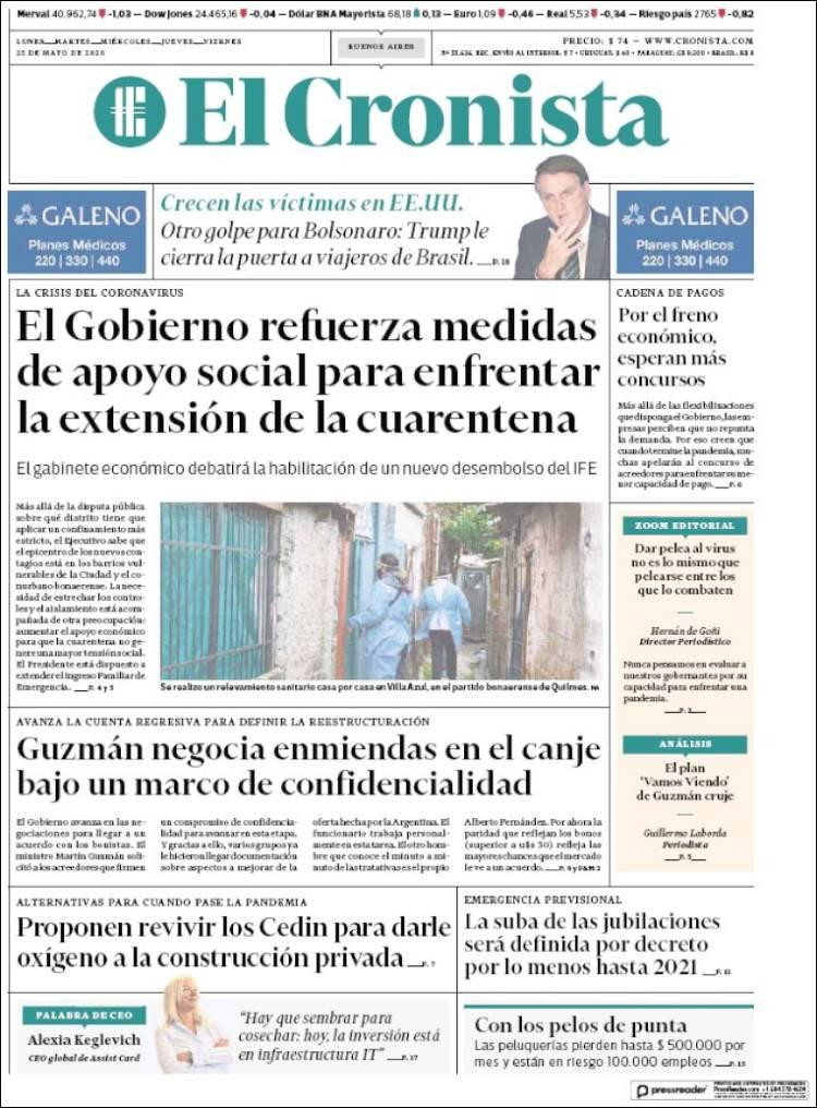 Tapas de  diarios, El Cronista, lunes 25 de mayo de 2020