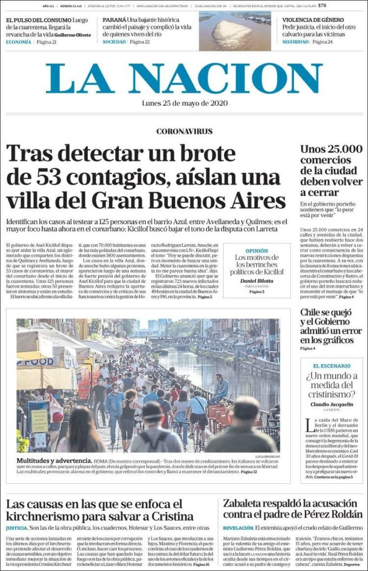 Tapas de  diarios, La Nación, lunes 25 de mayo de 2020
