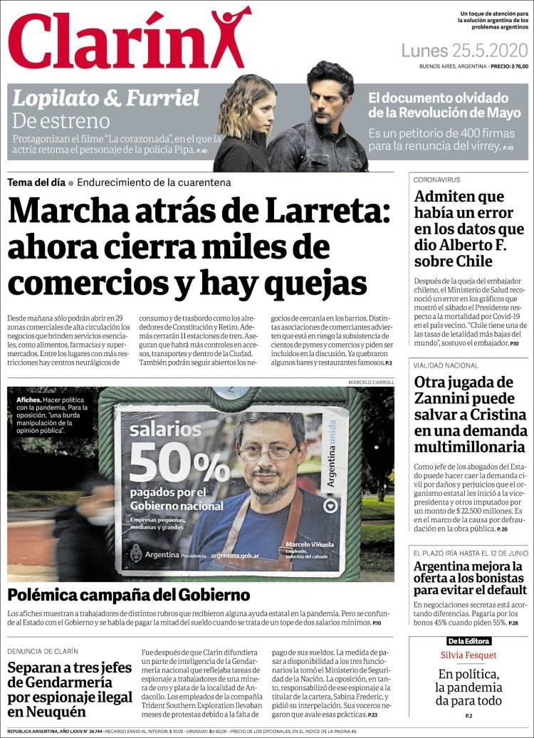 Tapas de  diarios, Clarín, lunes 25 de mayo de 2020