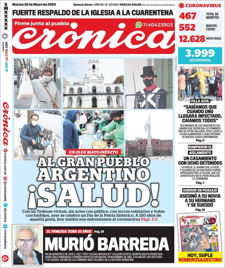 Tapas de diarios, Crónica, martes 26 de mayo de 2020