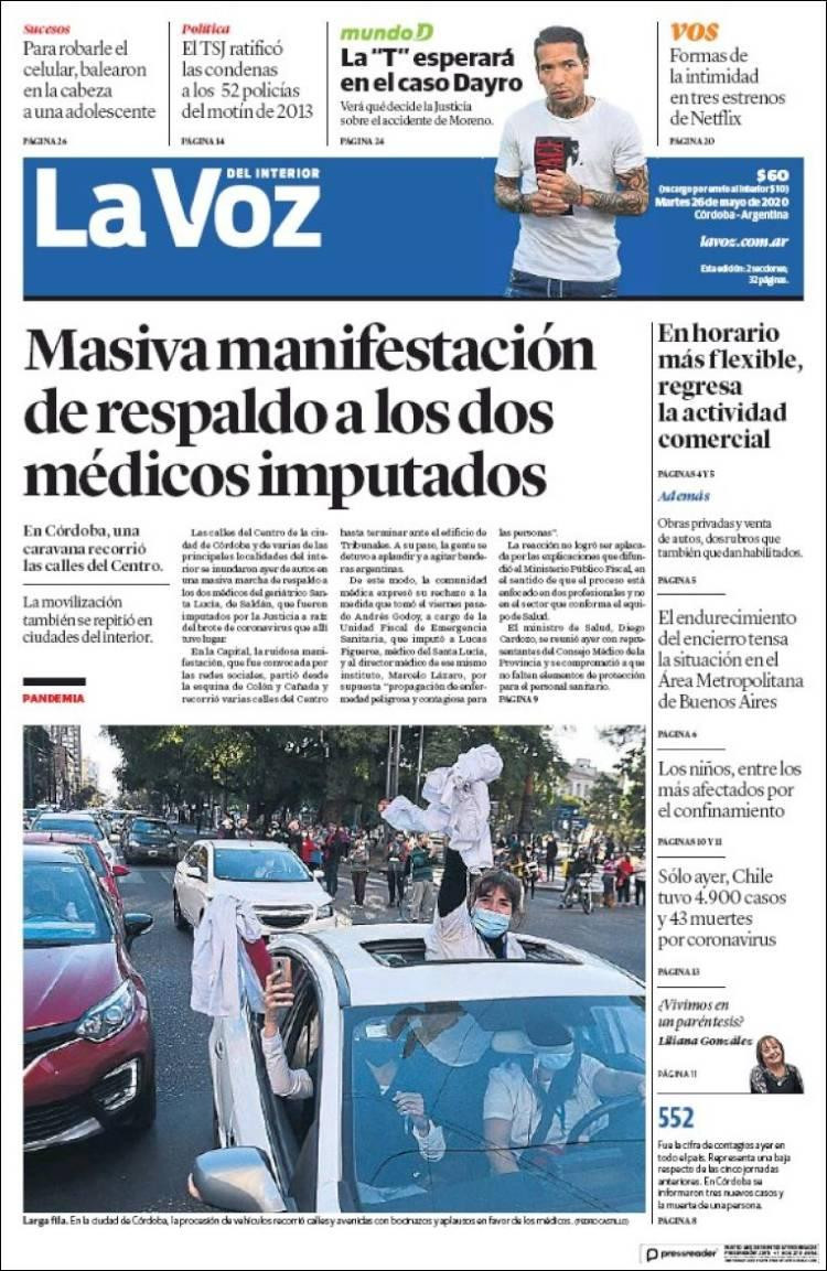 Tapas de diarios, La Voz, martes 26 de mayo de 2020