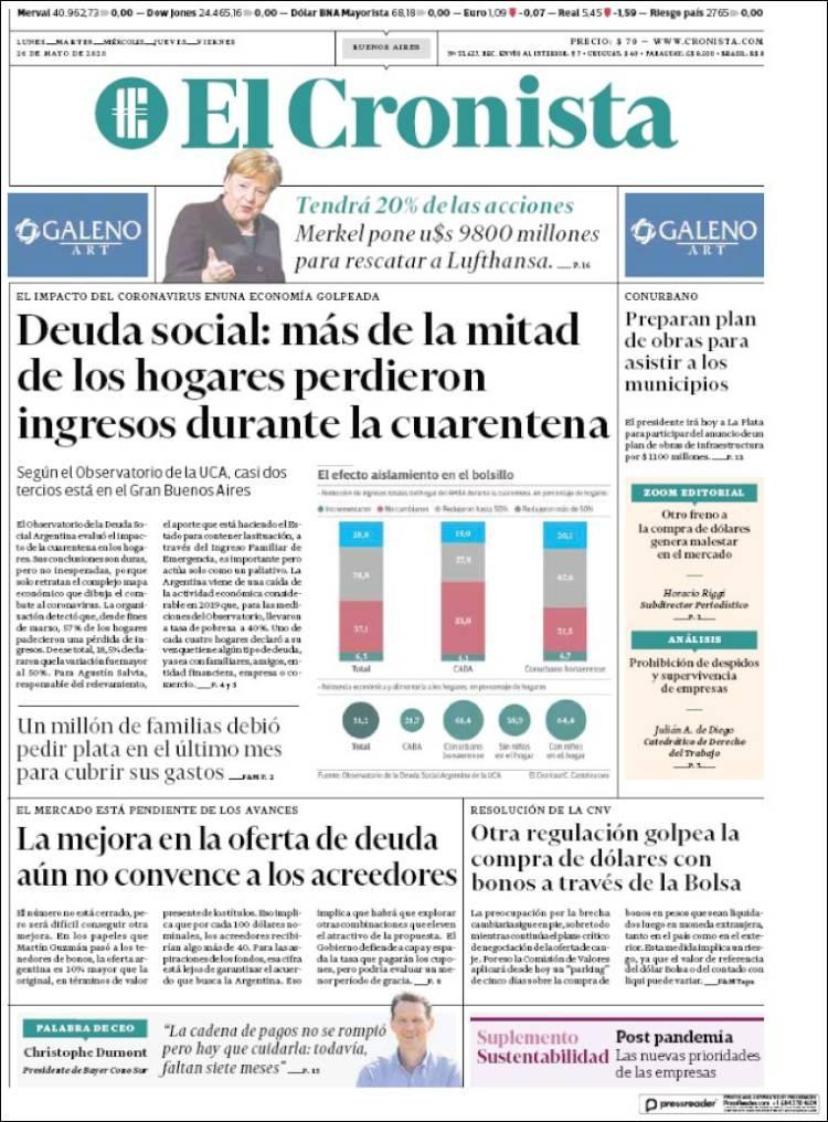 Tapas de diarios, El Cronista, martes 26 de mayo de 2020