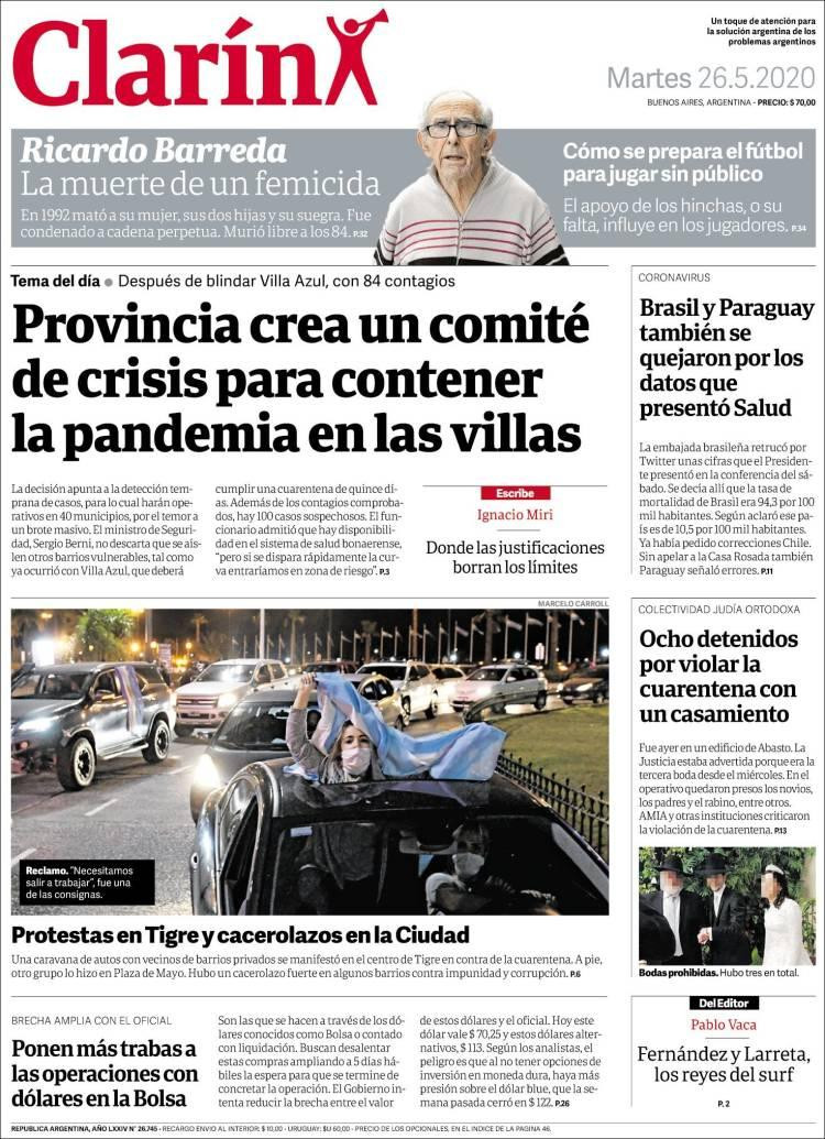 Tapas de diarios, Clarín, martes 26 de mayo de 2020