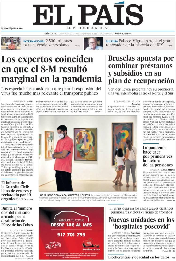 Tapas de diarios, El Pais de España, miércoles 27 de mayo de 2020