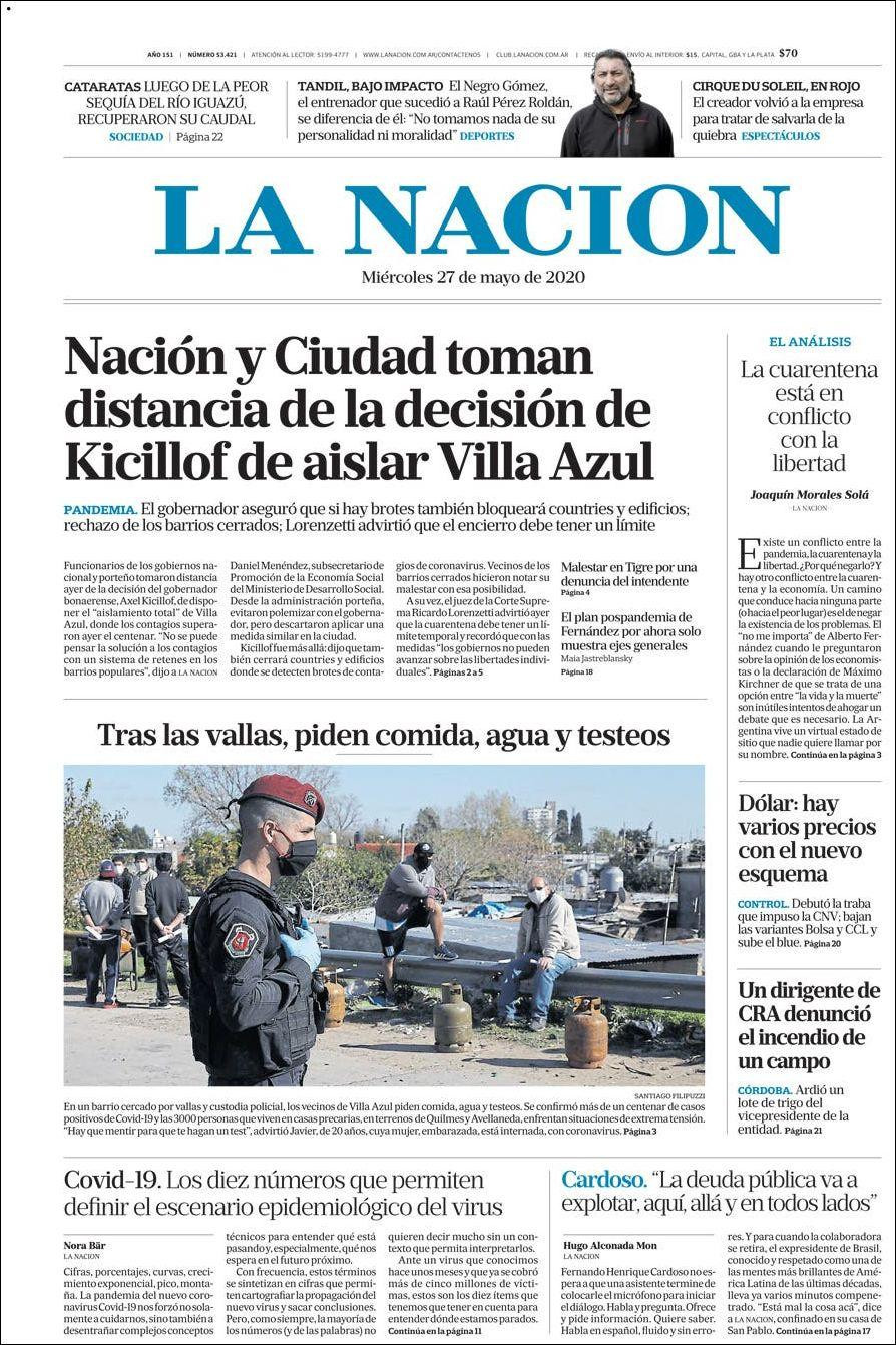 Tapas de diarios, La Nación, miércoles 27 de mayo de 2020