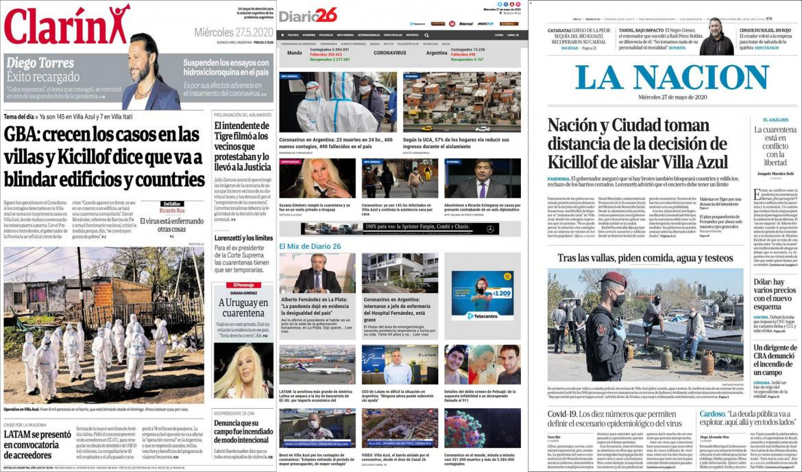 Tapas de diarios de Argentina, miercoles 27 de mayo de 2020