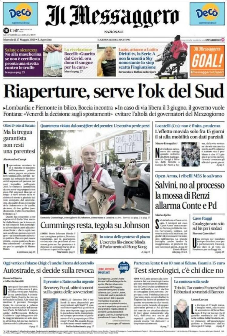 Tapas de diarios, Il Messaggero de Italia, miercoles 27 de mayo de 2020