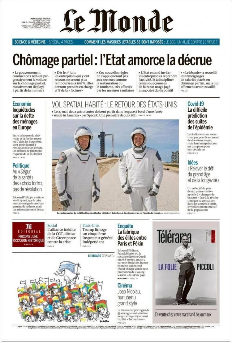 Tapas de diarios, Le Monde de Francia, miercoles 27 de mayo de 2020