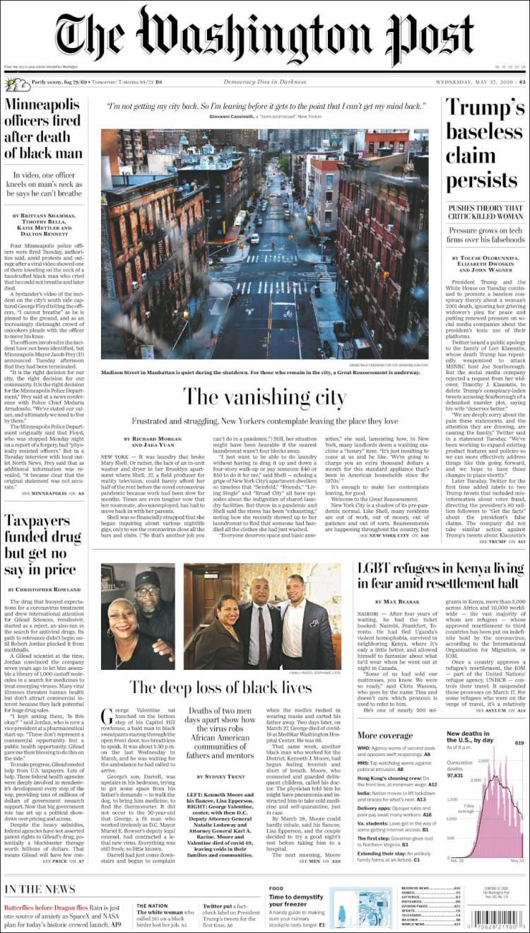 Tapas de diarios, The Washington Post de EE.UU., miercoles 27 de mayo de 2020