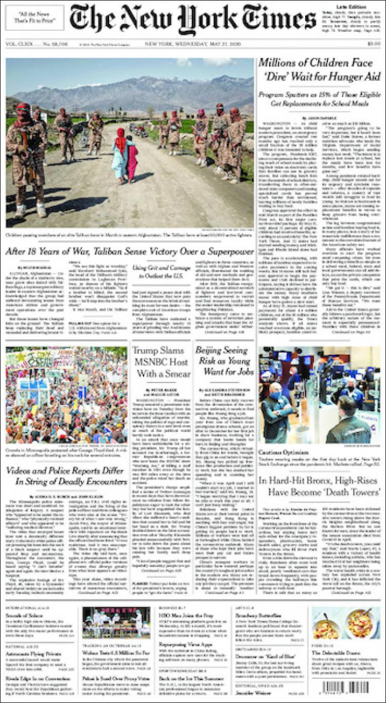 Tapas de diarios, The New York Times de EE.UU., miercoles 27 de mayo de 2020
