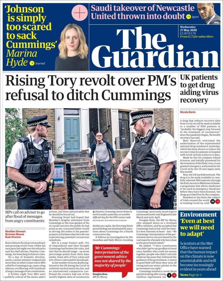 Tapas de diarios, The Guardian de Gran Bretaña, miercoles 27 de mayo de 2020